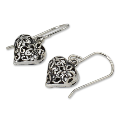 Sterling silver flower earrings, 'Blossoming Heart' - Sterling silver flower earrings