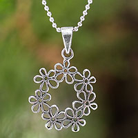 Sterling silver flower necklace, 'Floral Tiara' - Handcrafted Floral Sterling Silver Pendant Necklace