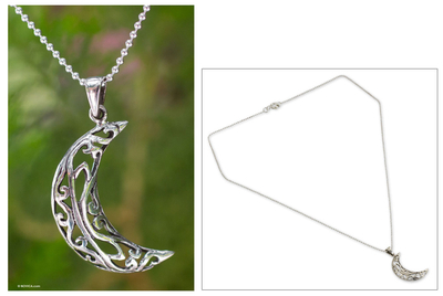 Sterling silver pendant necklace, 'Filigree Moon' - Sterling Silver Pendant Necklace from Thailand