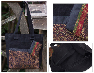 Handtasche und Kleingeldbeutel aus Baumwolle, 'Golden Garden'. - Handtasche und Wechselgeldbeutel aus Baumwolle