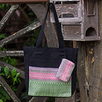 Cotton tote handbag and change purse, 'Pastel Garden' - Cotton tote handbag and change purse