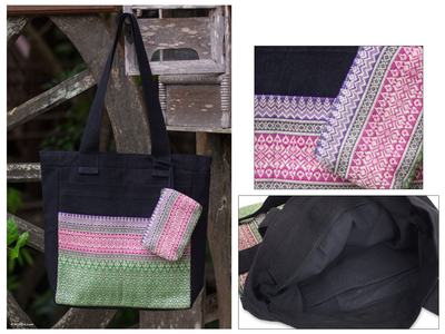 Cotton tote handbag and change purse, 'Pastel Garden' - Cotton tote handbag and change purse