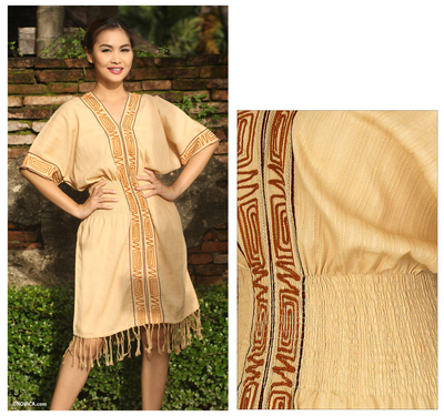 Cotton dress, 'Thai Tribal in Tan' - Cotton dress