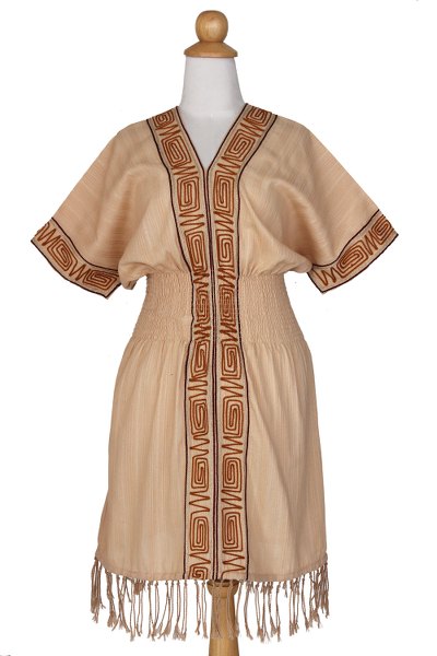 Cotton dress, 'Thai Tribal in Tan' - Cotton dress