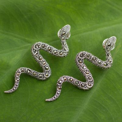 Marcasite drop earrings, 'Snakes in Synchrony' - Marcasite drop earrings