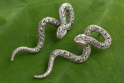 Marcasite post earrings, 'Sinuous Serpents' - Handcrafted Long Marcasite Post Earrings
