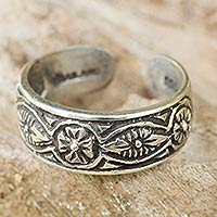 Sterling silver toe ring, 'Thai Flowers'