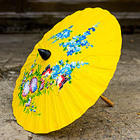 Saa paper parasol, 'Sunshine Garden' - Saa Paper and Bamboo Parasol in Sunny Yellow