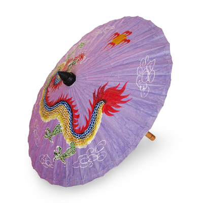 Saa paper parasol, 'Festive Dragon' - Lavender Saa Paper Parasol with Dragon Painting