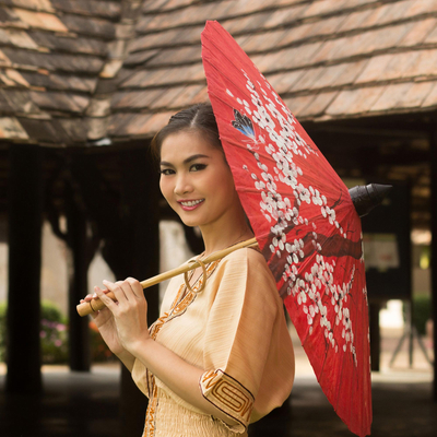 Sonnenschirm aus Saa-Papier - Thai-Kirschblüten-Saa-Papier und Bambus-Sonnenschirm