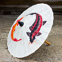 Saa paper parasol, 'Lucky Koi' - Hand Made Saa Paper Parasol with Koi Motifs