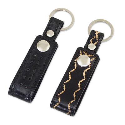 Leather key rings, 'Key to Success in Black' (pair) - Hand Tooled Black Leather Key Rings (Pair)