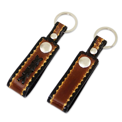Leather key rings, 'Key to Success in Brown' (pair) - Hand Tooled Brown Leather Key Rings (Pair)