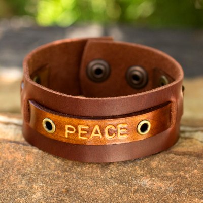 Men's leather wristband bracelet, 'Peace' - Men's leather wristband bracelet