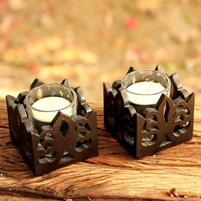 Wood candleholder, 'Thai Fleur-de-Lis' (pair) - Wood candleholder (Pair)