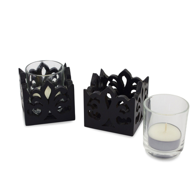 Wood candleholder, 'Thai Fleur-de-Lis' (pair) - Wood candleholder (Pair)