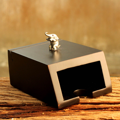 Wood and pewter business card holder, 'Playful Elephant' - Wood and pewter business card holder
