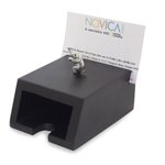 Wood and pewter business card holder, 'Playful Elephant' - Wood and pewter business card holder