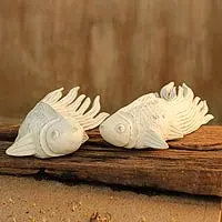 Wood sculptures, 'Cheerful Goldfish' (pair) - Rain Tree Fish Sculptures