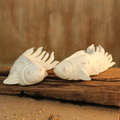 Wood sculptures, 'Cheerful Goldfish' (pair) - Wood sculptures (Pair)