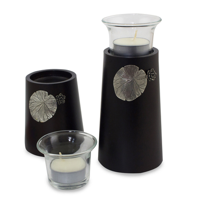 Wood and pewter candleholders, 'Lotus Light' (pair) - Wood and pewter candleholders (Pair)