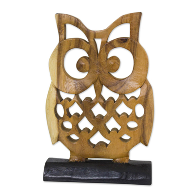 Wood sculpture, 'Adorable Owl' - Hand-carved Wood Sculpture