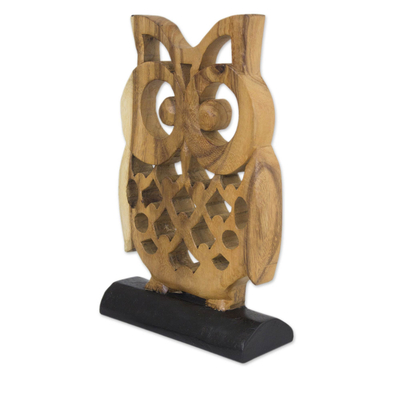 Wood sculpture, 'Adorable Owl' - Hand-carved Wood Sculpture