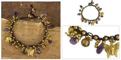 Amethyst charm bracelet, 'Lavender Siam' - Amethyst and Brass Beaded Charm Bracelet