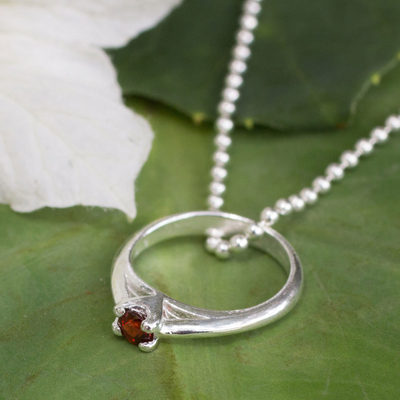 Garnet pendant necklace, 'Promise of Love' - Garnet Ring-pendant on Silver Necklace from Thailand