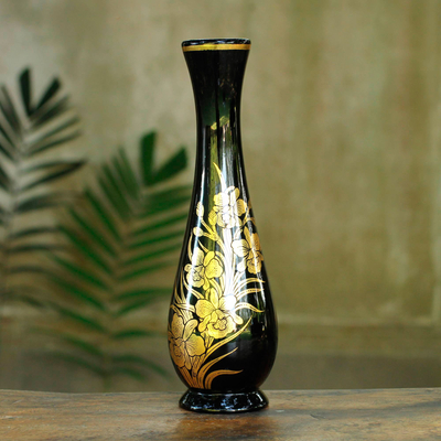 Lackierte dekorative Holzvase - Handgefertigte thailändisch lackierte Vase mit Blattgold und Orchidee
