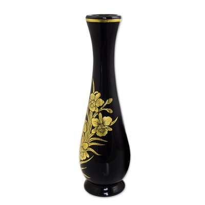 Florero de madera lacado decorativo - Orquídea de pan de oro jarrón tailandés lacado hecho a mano