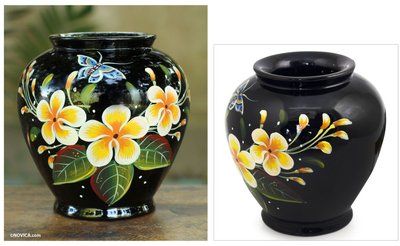 Lacquered wood decorative vase, 'Oriental Plumeria' - Thai Lacquered Wood Decorative Vase Handpainted Plumeria