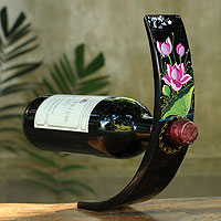 Lacquered wood wine bottle holder, 'Pink Lotus'