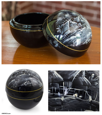 Lacquered wood box, 'Shadow Village' - Thai Lacquered Wood Round Decorative Box Handpainted Village