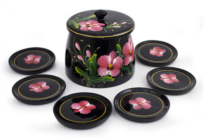 Handcrafted Thai Lacquered Wood Coaster Set for 6 Floral Box