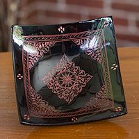 Lacquered wood decorative bowl, 'Thai Wisteria' - Hand Crafted Thai Lacquered Wood Square Decorative Bowl