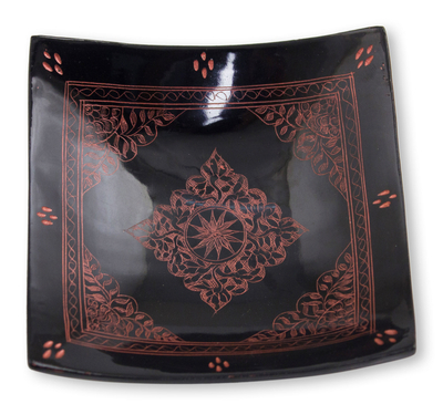 Hand Crafted Thai Lacquered Wood Square Decorative Bowl