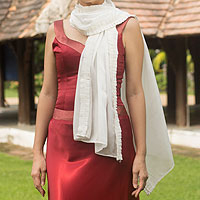 Silk scarf, 'White Lily' - Pleated White Silk Scarf