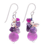 Cultured Pearl and amethyst cluster earrings, 'Sweet Lavender' - Handcrafted Pearl Amethyst Quartz Cluster Earrings