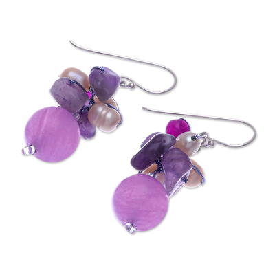 Cultured Pearl and amethyst cluster earrings, 'Sweet Lavender' - Handcrafted Pearl Amethyst Quartz Cluster Earrings