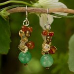 Cultured pearl and carnelian cluster earrings, 'Turning Leaves' - Handcrafted Pearl Carnelian Citrine Cluster Earrings