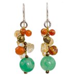Cultured pearl and carnelian cluster earrings, 'Turning Leaves' - Handcrafted Pearl Carnelian Citrine Cluster Earrings