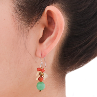 Cultured pearl and carnelian cluster earrings, 'Turning Leaves' - Handcrafted Pearl Carnelian Citrine Cluster Earrings