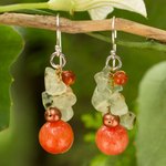 Cultured pearl and carnelian cluster earrings, 'Spicy Peach' - Handcrafted Pearl Carnelian Prehnite Cluster Earrings