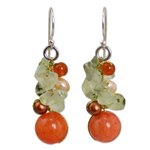 Cultured pearl and carnelian cluster earrings, 'Spicy Peach' - Handcrafted Pearl Carnelian Prehnite Cluster Earrings