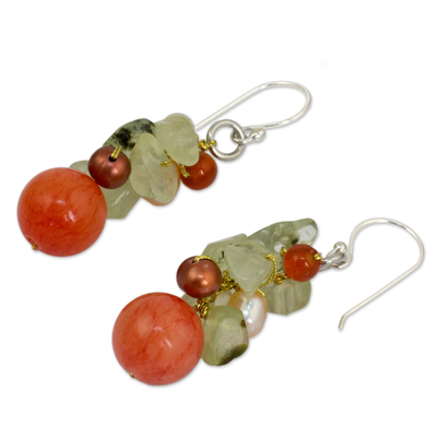 Cultured pearl and carnelian cluster earrings, 'Spicy Peach' - Handcrafted Pearl Carnelian Prehnite Cluster Earrings