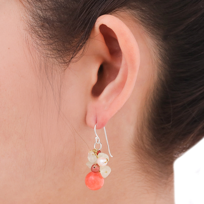 Cultured pearl and carnelian cluster earrings, 'Spicy Peach' - Handcrafted Pearl Carnelian Prehnite Cluster Earrings