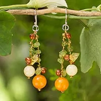 Cultured pearl and peridot beaded earrings, 'Citrus Party' - Pearl Peridot Quartz Cluster Earrings