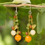 Cultured pearl and peridot beaded earrings, 'Citrus Party' - Pearl Peridot Quartz Cluster Earrings