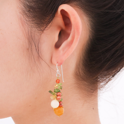 Cultured pearl and peridot beaded earrings, 'Citrus Party' - Pearl Peridot Quartz Cluster Earrings